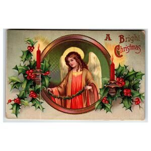 Vintage Embossed Christmas Angel Postcard with Candles & Holly